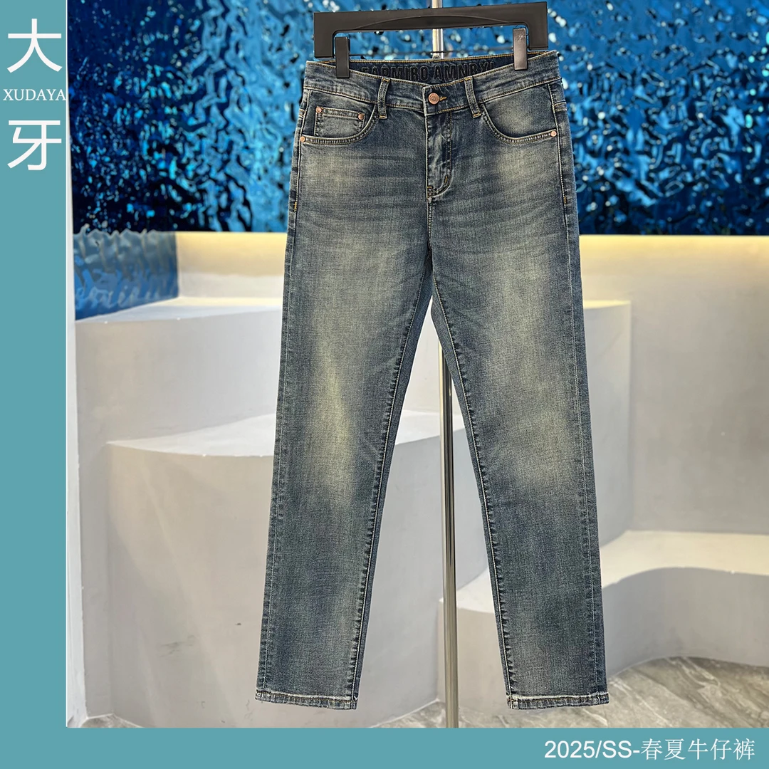【大牙】901#经典水洗蓝牛仔裤男2025春夏做旧猫须弹力修身小直筒
