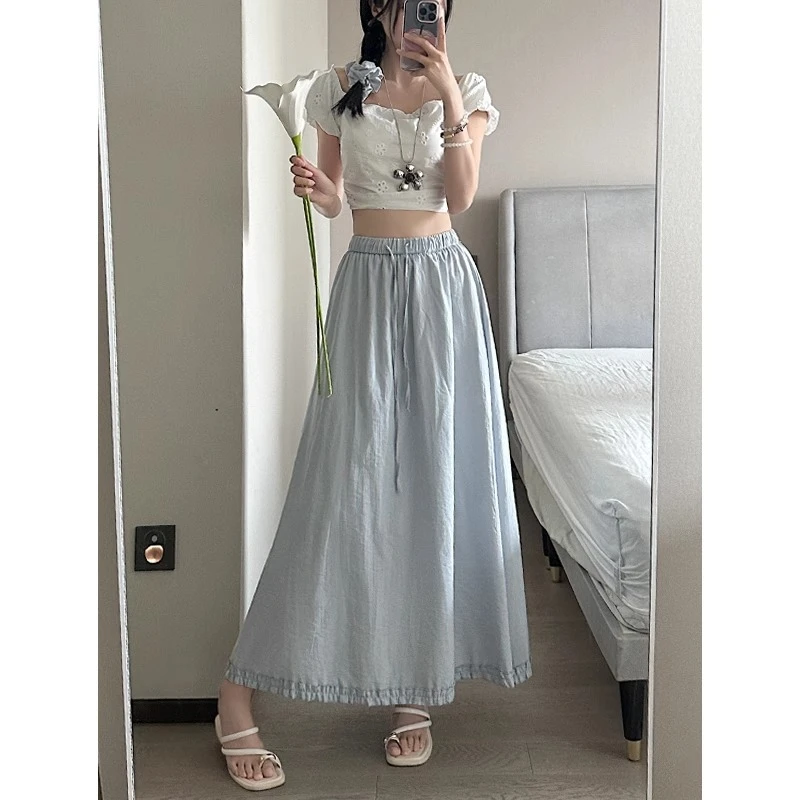 海盐蓝半身裙女夏季薄款2025新款清新简约高腰显瘦a字中长款裙子