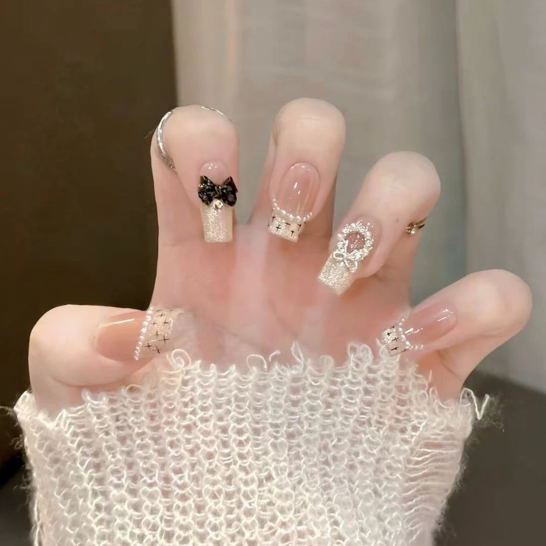 『沐•颜』新款小香风法式珍珠编带蝴蝶猫眼温柔气质显白手工穿戴甲