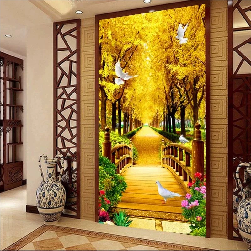 纯手工十字绣成品黄金满地竖版黄金大道新款客厅过道玄关现代挂画