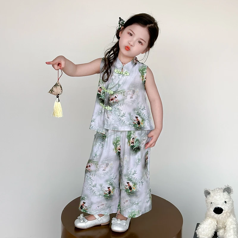 女童夏季中国风哪吒套装2025新款儿童洋气薄款旗袍宝宝新中式汉服