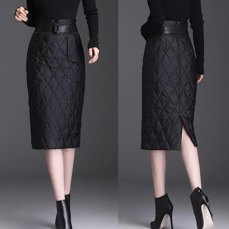 冬季百搭加厚保暖半身裙中长款高腰修身显瘦开叉一步包臀裙