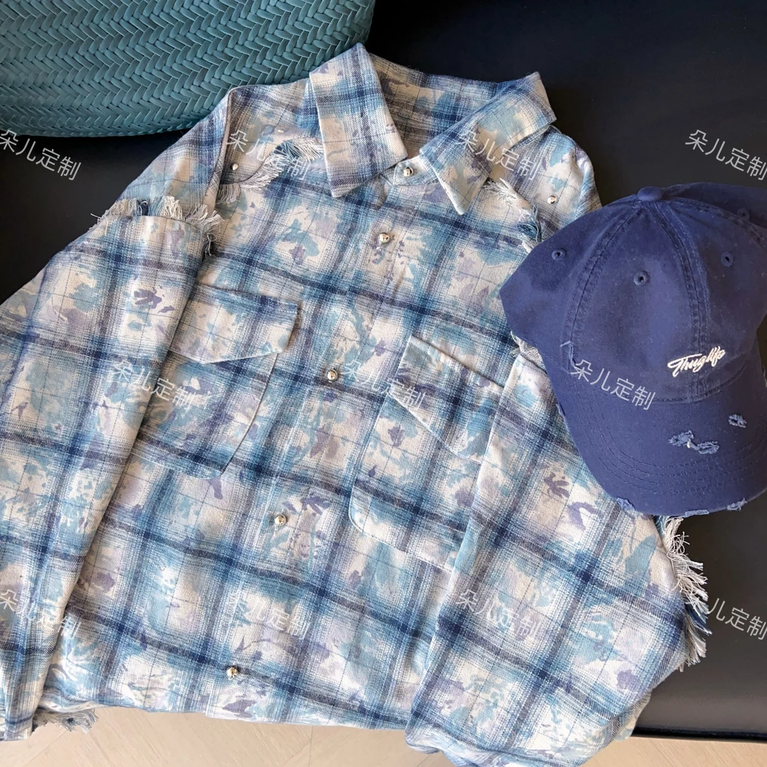 朵儿定制【蓝色孤岛】毛边扎染复古蓝色衬衫IP43