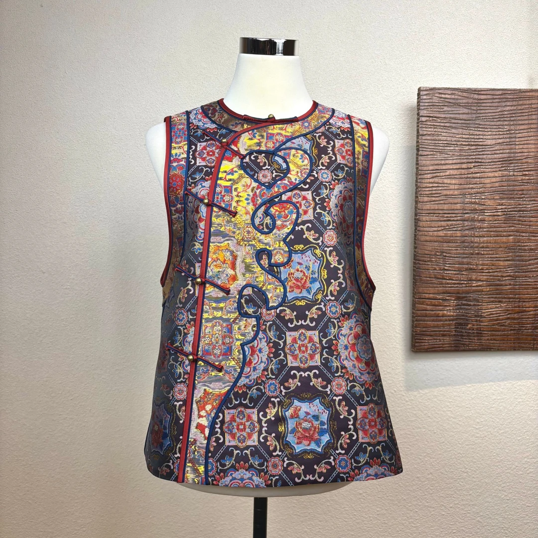 【黛墨】桑蚕丝织金宋锦秋冬款重工拼接款圆领无袖女士马夹251145