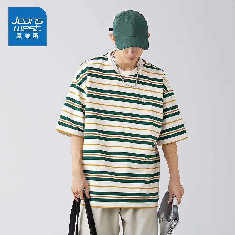 Jeanswest/真维斯潮牌男生条纹T恤夏季宽松休闲百搭圆领短袖上衣