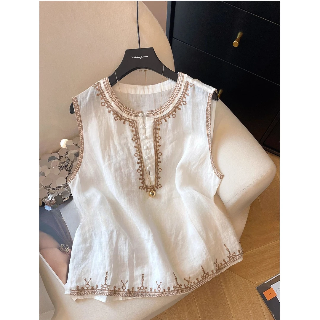 2025夏季新款度假风法式刺绣圆领气质背心衬衫女气质百搭宽松上衣