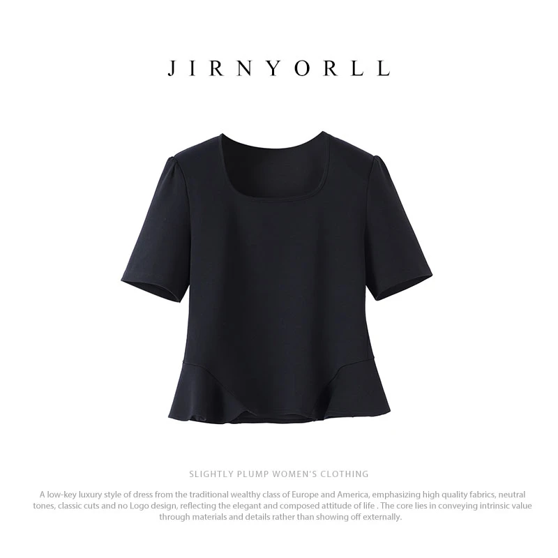 SHEN-JIA-QI~【小妖精】夏季新款显瘦气质时尚黑色小众上衣 JWT1203