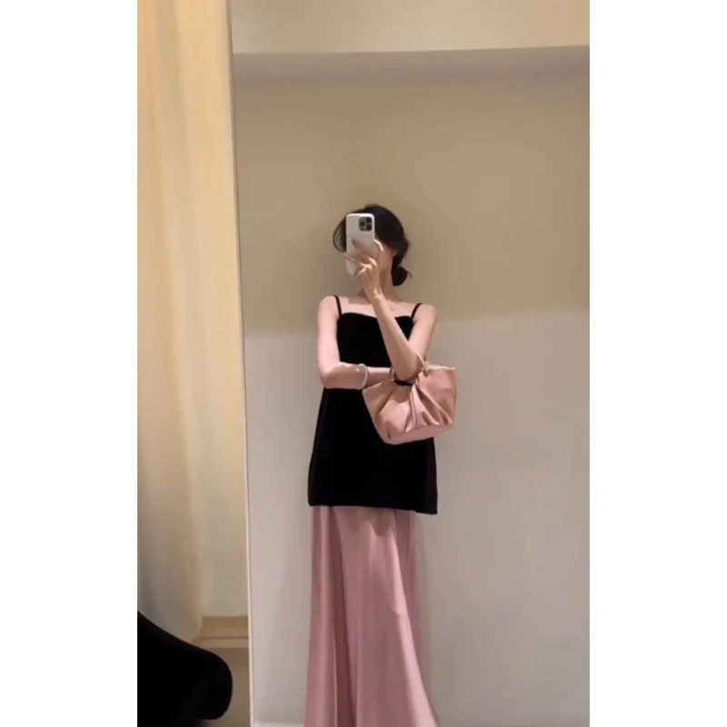 夏季甜美风休闲百搭高级感方领黑色吊带背心上衣高腰显瘦半身裙女