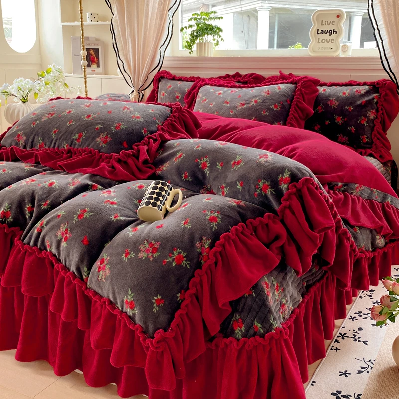法式花边牛奶绒加厚床盖四件套冬季韩式高克重双面绒被套防滑被罩