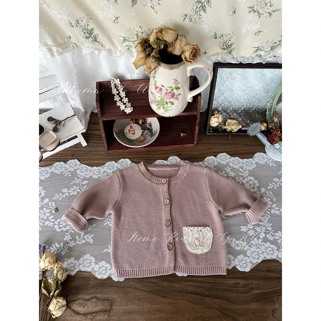 NIMO【山楂甜茶】韩版秋款宝宝贴布经典款纯色针织款刺绣开衫