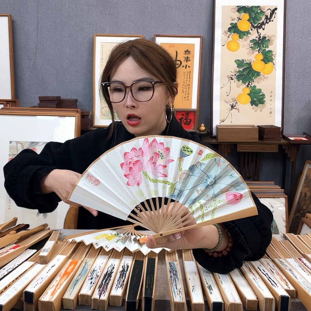 国画6寸玉竹-纯手绘-文玩扇骨（默认粘好）