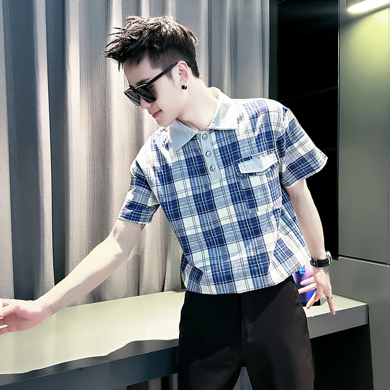 格子衬衫男士短袖夏季2025新款男式上衣高级感潮牌痞帅休闲小衬衣