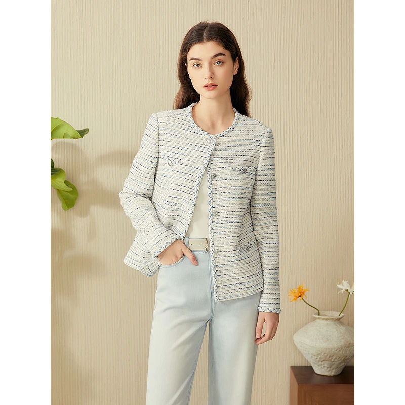 YINER音儿2025春季新款优雅渐变花呢亮丝箱式短外套8C65110056