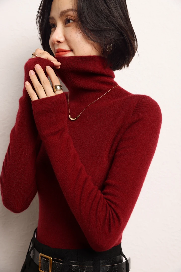 精纺羊绒16针一线成衣修身高翻领 打底女