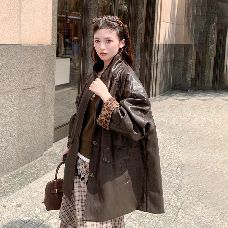 韩系豹纹拼接咖色皮衣外套女春秋2025新款甜酷风夹克爆款高级感