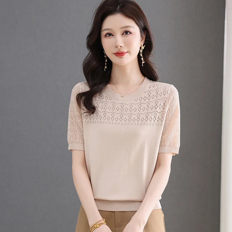 哥弟阿玛施正夏季新款桑蚕丝短袖t恤女宽松镂空针织洋气冰丝上衣