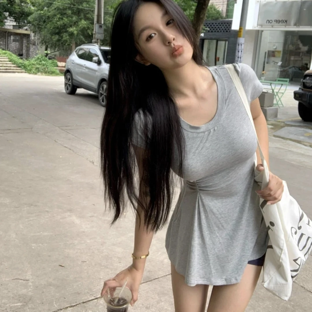 2025夏季新款圆领T裙掐腰小众设计感正肩T桖女时尚百搭显瘦上衣女