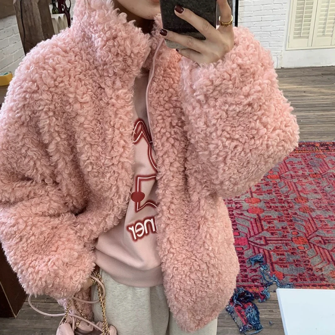 5811粉色毛毛立领加厚外套样衣