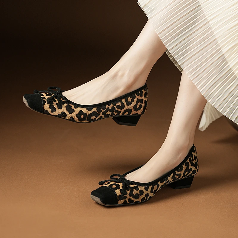 【古睿】春夏新品爆款性感豹纹银黑马毛方头3公分跟蝴蝶结浅口单鞋