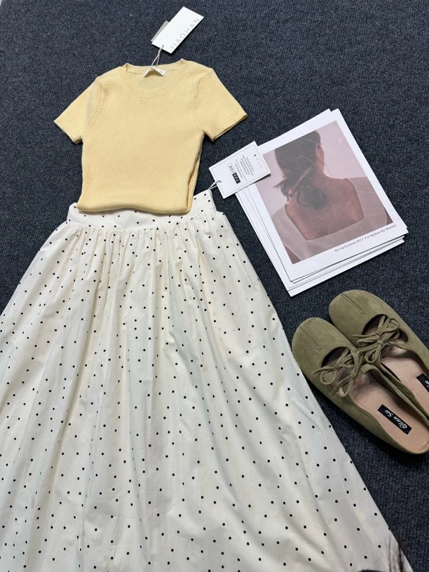 韩系小波点裙温柔风法式半身裙伞裙松紧腰中长裙小个子口袋a字裙