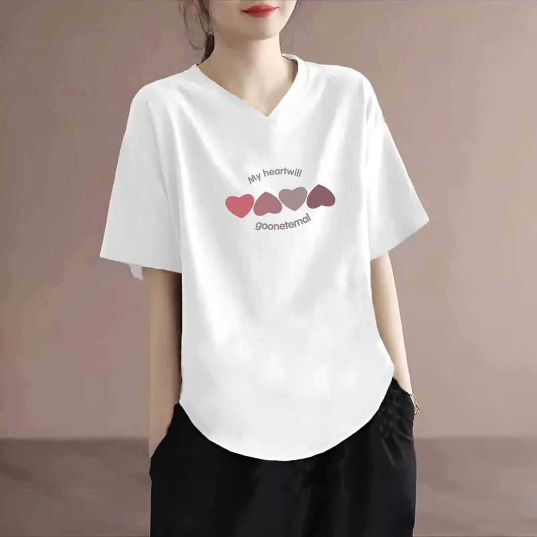 100%纯棉夏季新款短袖V领T恤女大码宽松显瘦下摆弧形休闲T恤衫ins