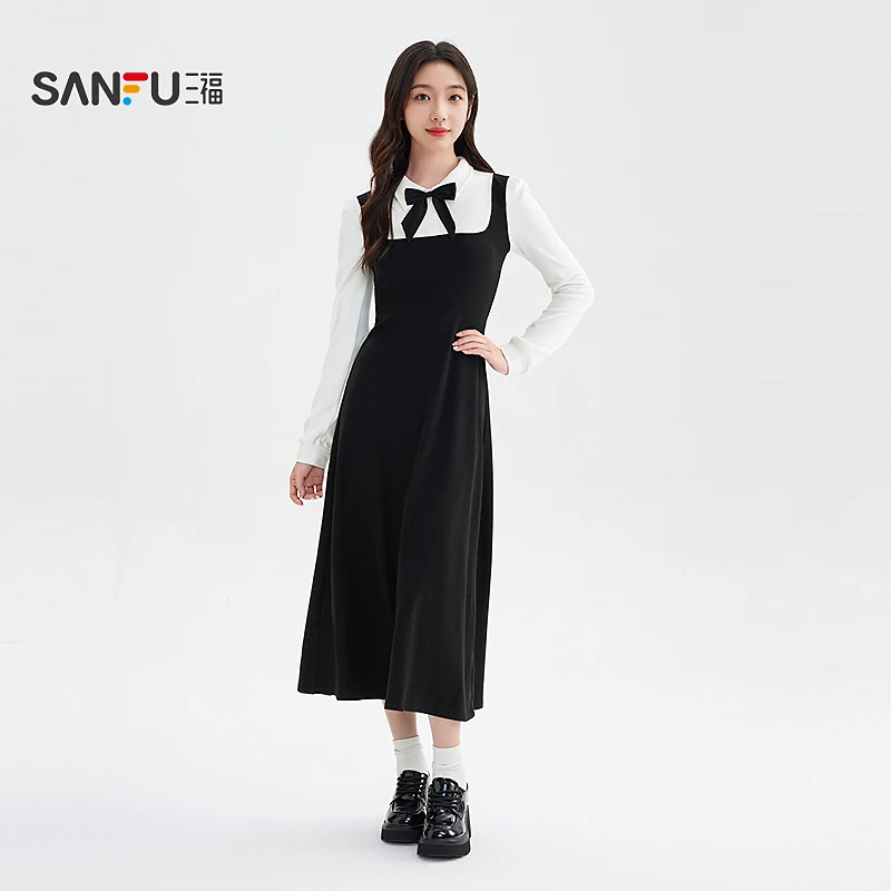 三福连衣裙2025秋季简约翻领宽松收腰假两件长裙女装511472
