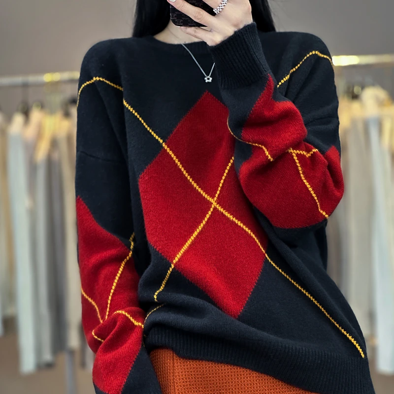 哥弟阿玛施正品女士羊毛衫秋冬季菱形花纹撞色慵懒风针织打底衫