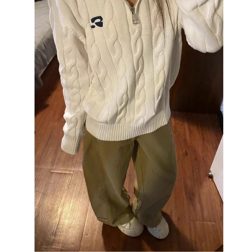 卡其色拼接阔腿工装牛仔裤女秋季设计感宽松显瘦直筒休闲弯刀裤子