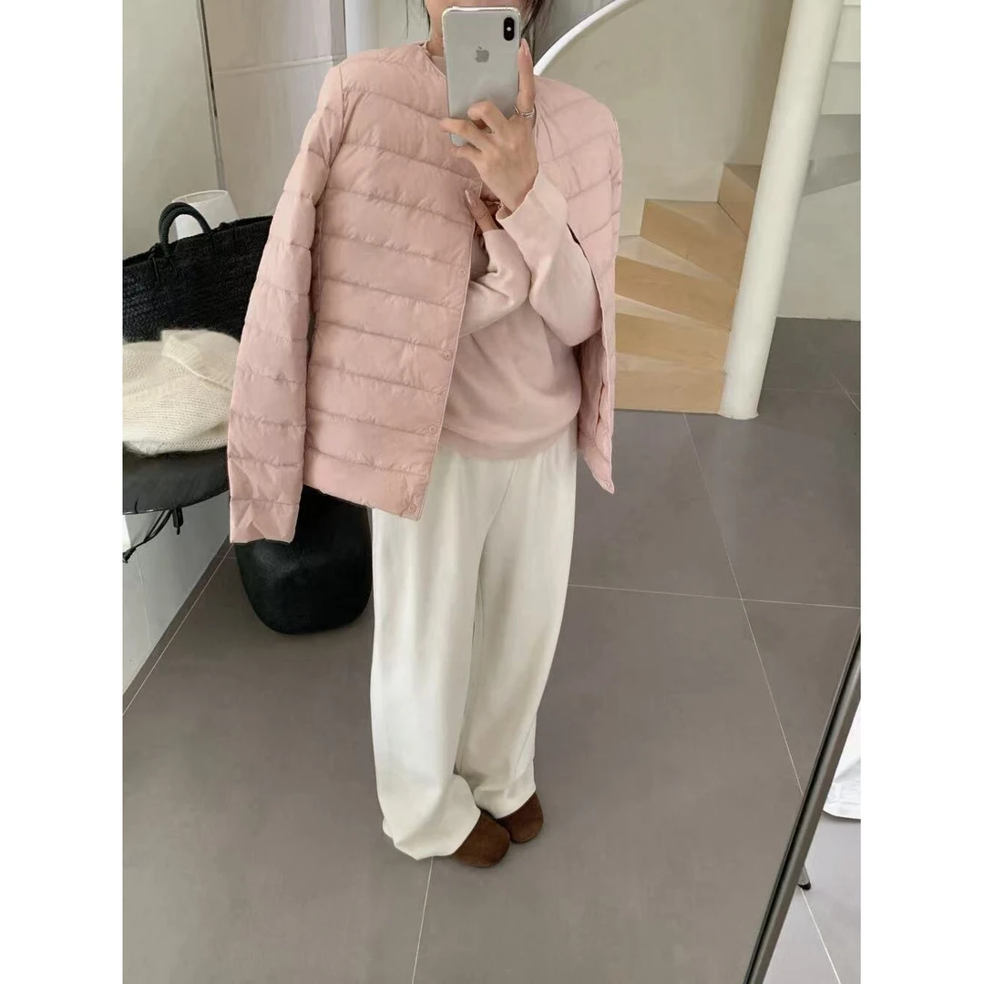 简约风纯色圆领排扣轻薄棉服女秋冬宽松休闲百搭保暖外套