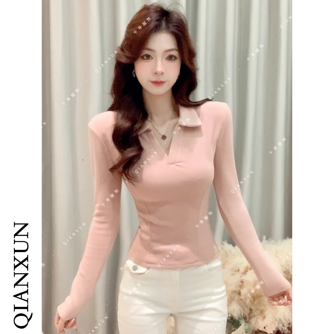 千寻家 正肩修身polo领长袖t恤女秋冬miu系内搭打底衫上衣630