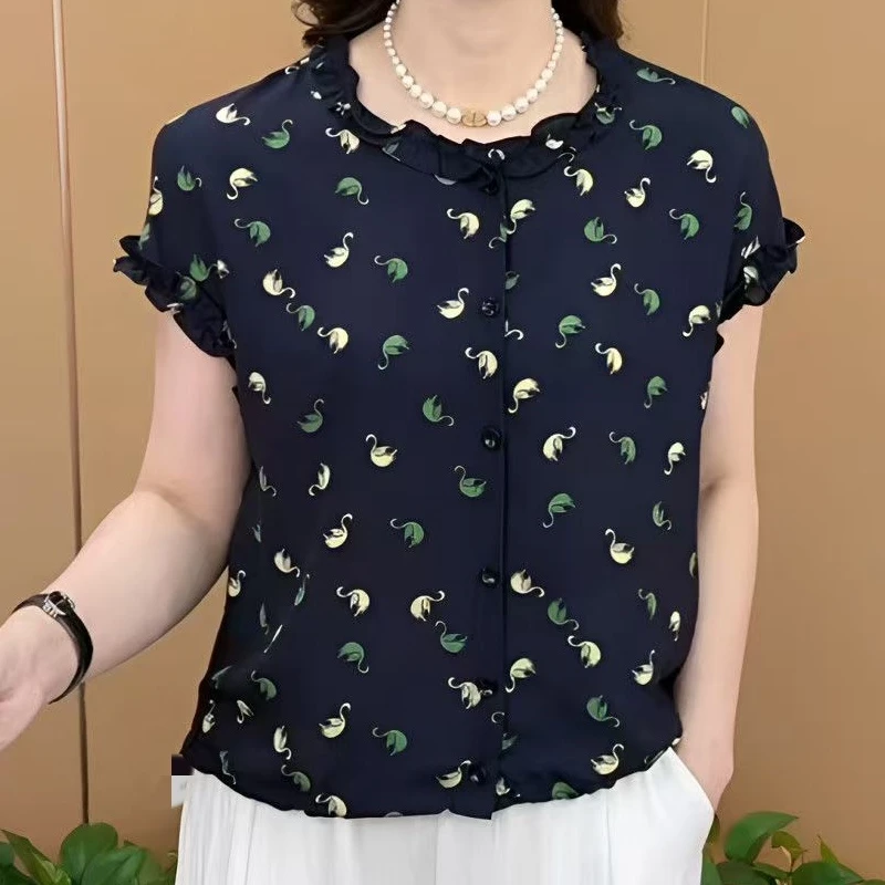印花木耳边新款女士遮肉显瘦时尚百搭t恤短袖上衣147