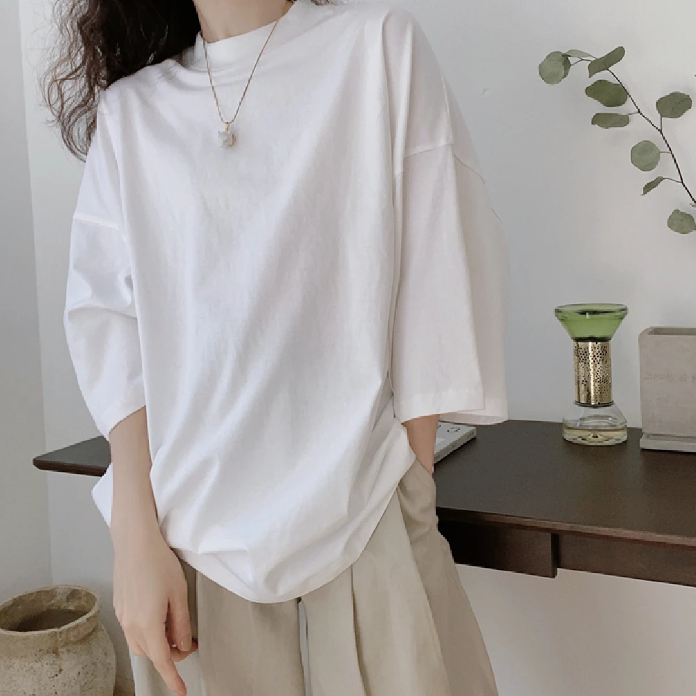 夏季宽松圆领中袖简约T恤女韩版简约复古纯色减龄基础款棉质上衣