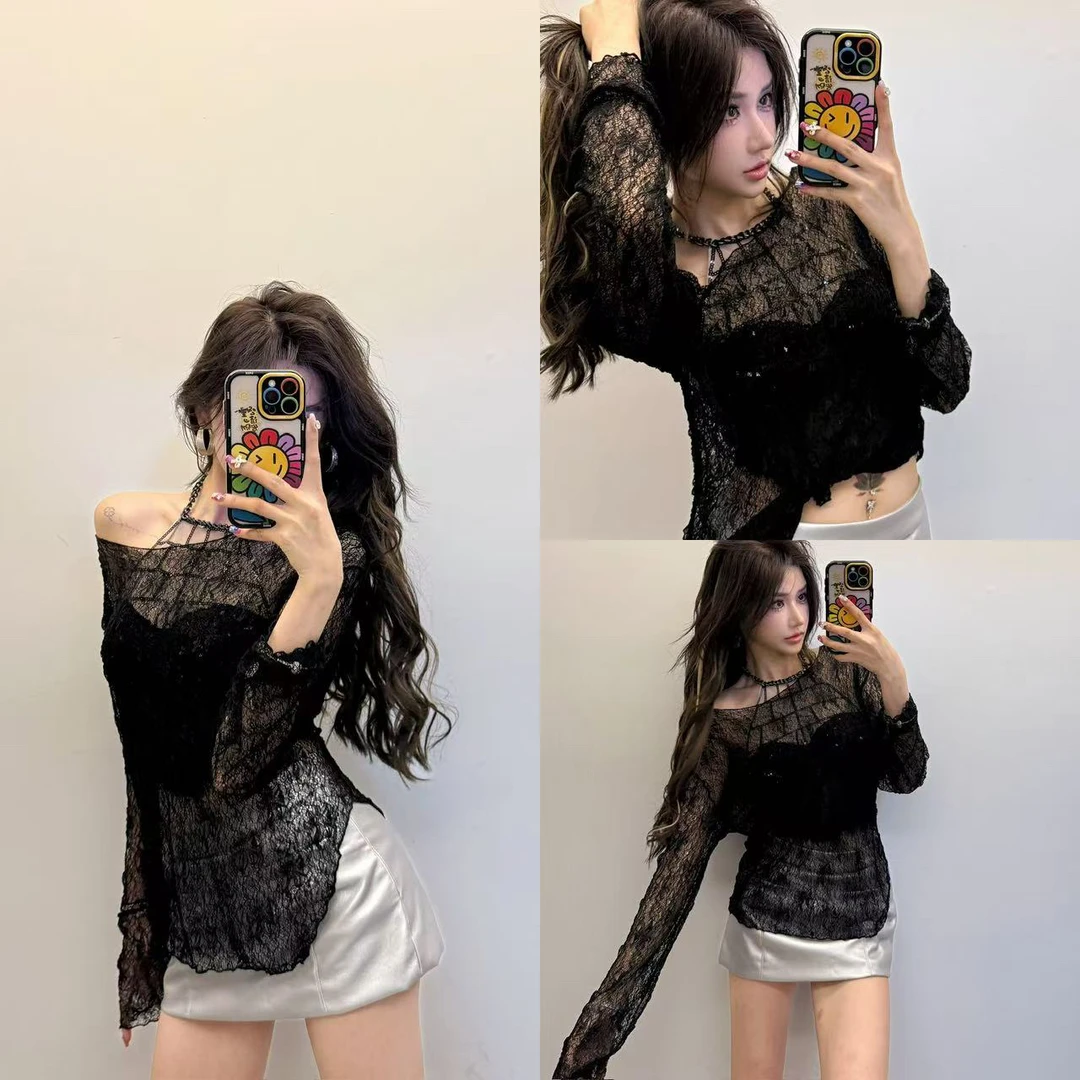 不规则长袖上衣微透蕾丝罩衫