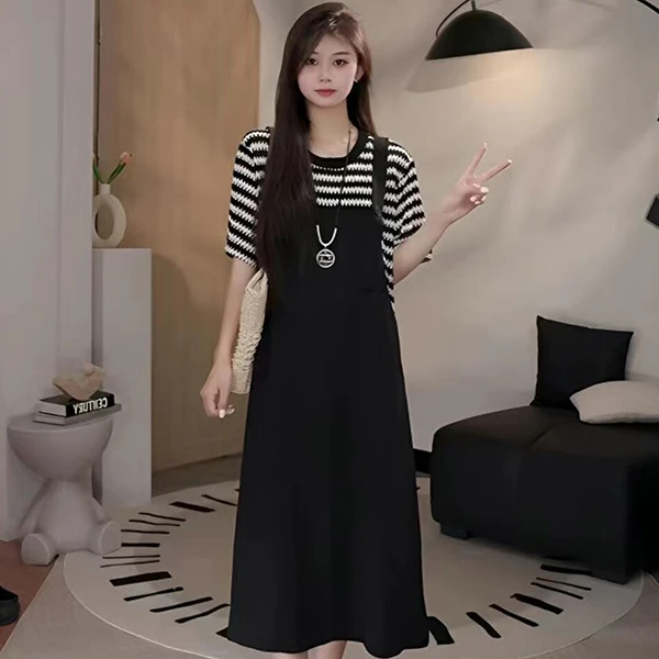 夏季连衣裙长款拼接千金清冷感贵系衣服显瘦裙子条纹大码减龄宽松