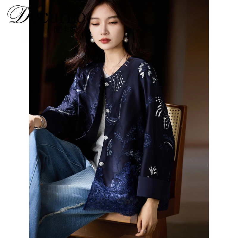 复古珠片刺绣外套女秋季新款大码上衣2025年新中式宽松女装潮提