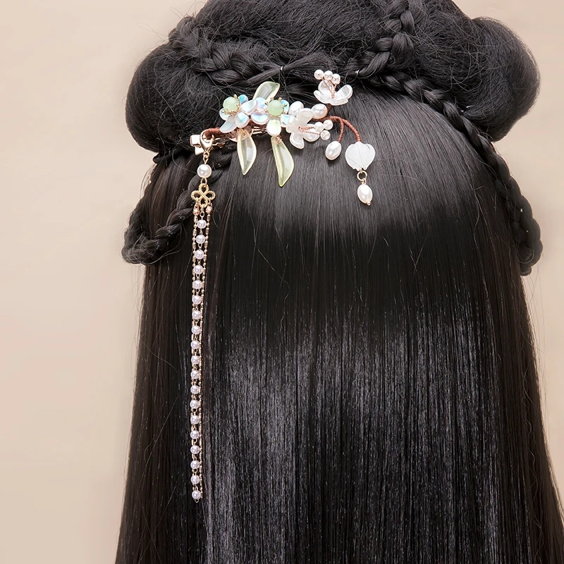 古风流苏花朵对夹步摇夹子头饰边夹少女复古发夹汉服配饰