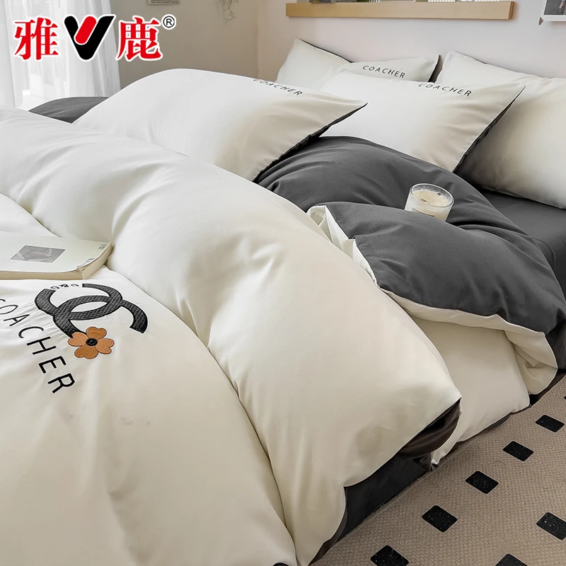 V/雅鹿夏季轻奢立体刺绣四件套高级感被套家用床罩床单单件可裸睡