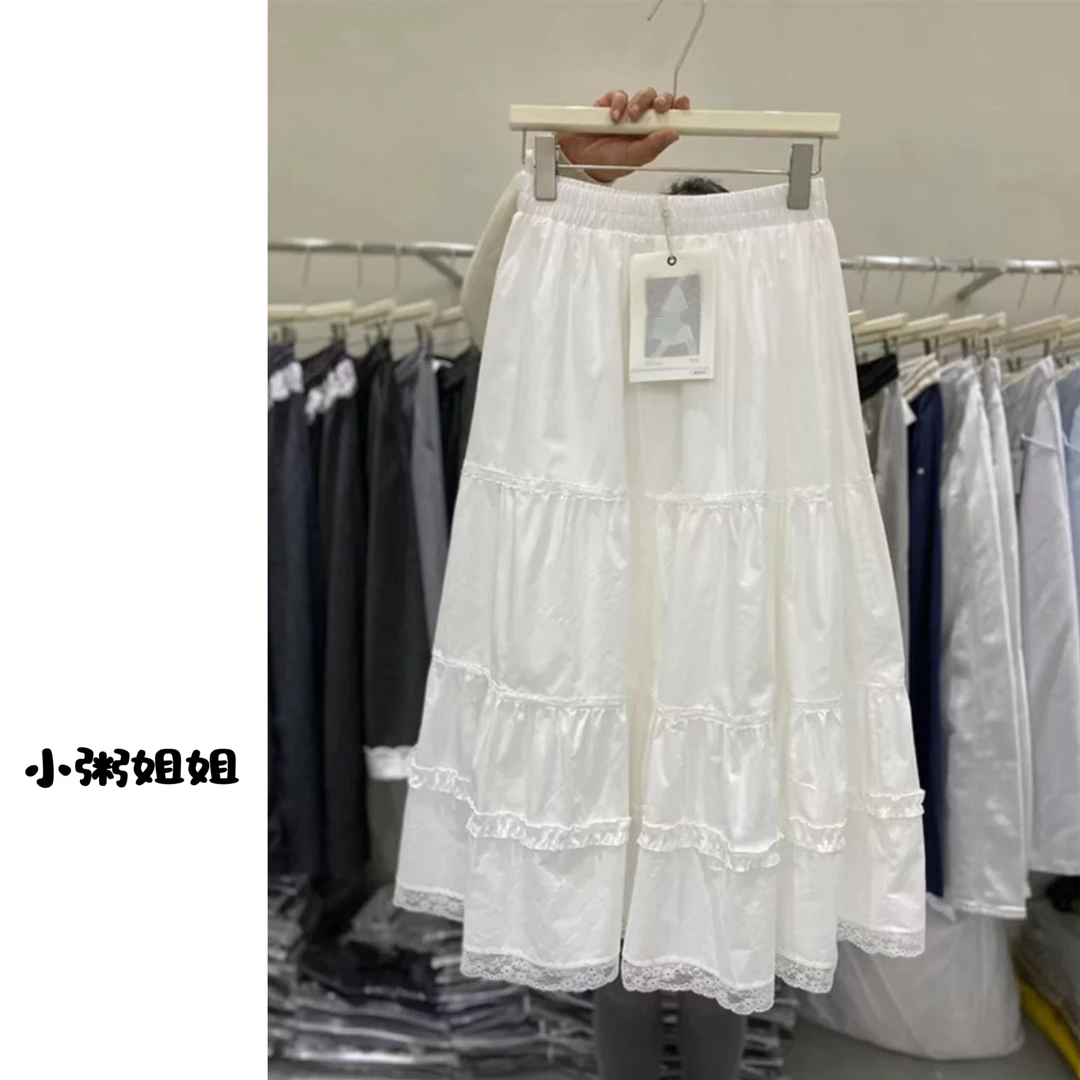 【XZJJ】2025春季白色花边蕾丝蛋糕裙A字裙棉质小白裙子女高腰时尚