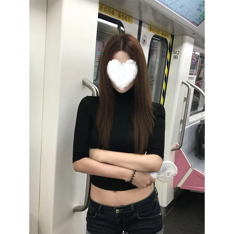 YIDENG新款黑色半袖打底衫女装秋季纯欲紧身辣妹百搭打底衫上衣潮