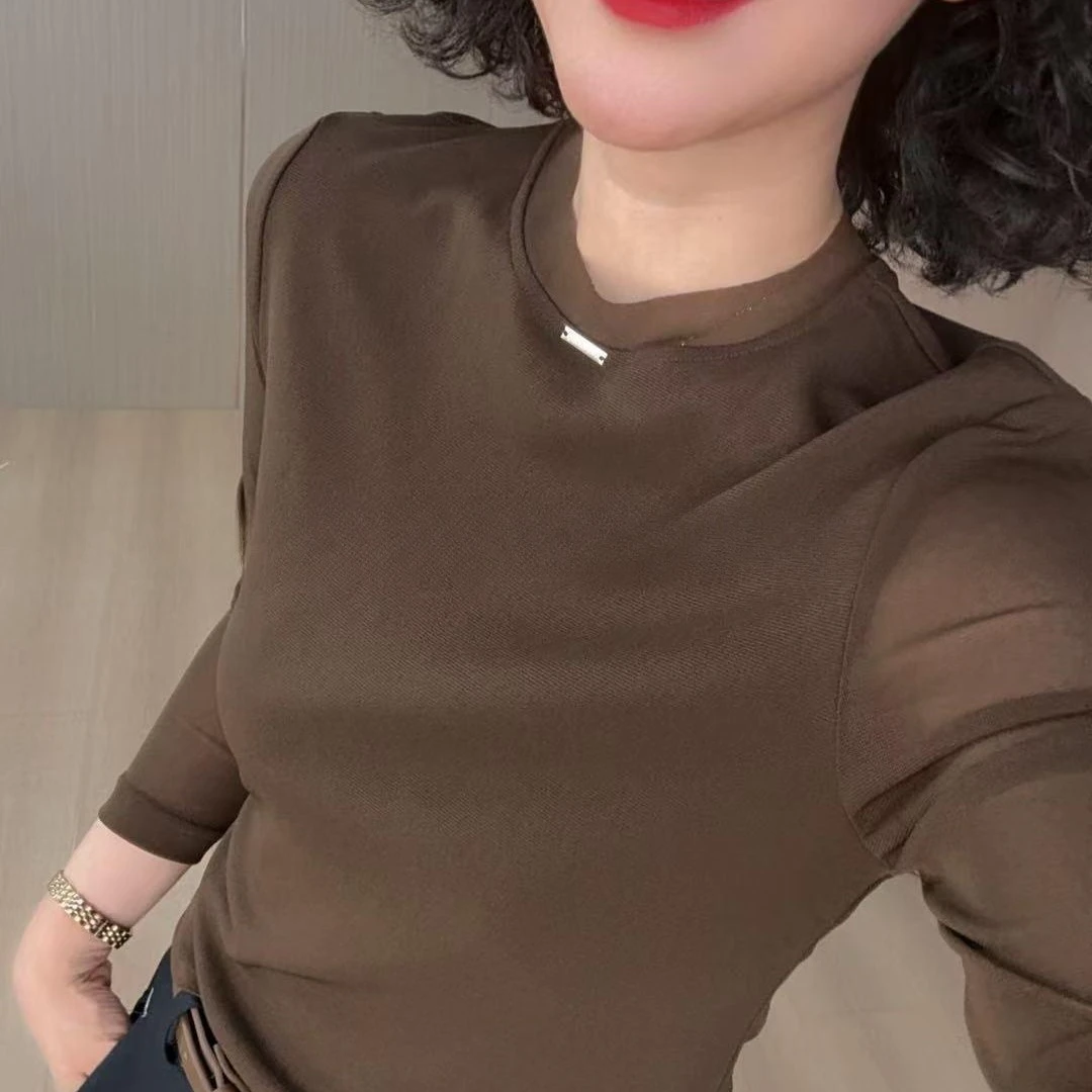 秋季网纱打底衫女春秋2025新款秋装修身显瘦女士内搭长袖t恤上衣