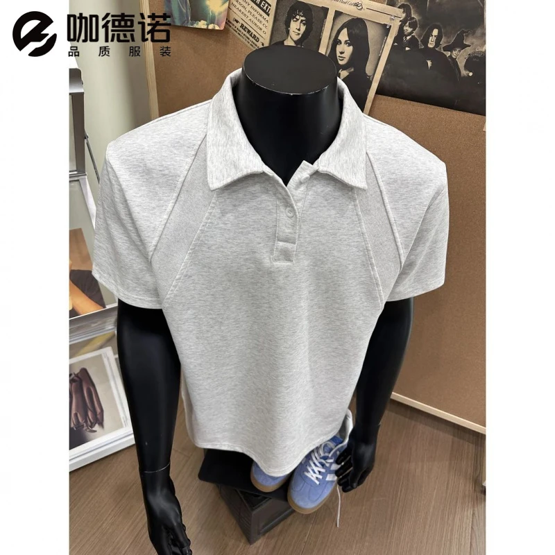 2025新款白花灰色正肩短袖男款夏季polo衫拼接设计感衬衫领五分袖