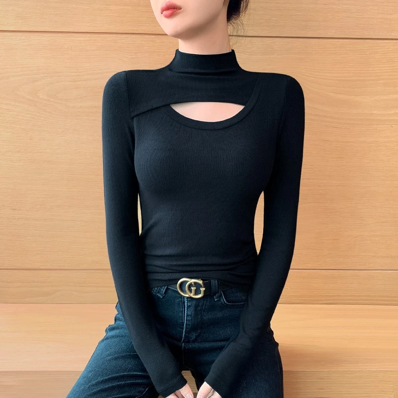 镂空半高领黑色打底衫女2026新款秋冬打底内搭设计感修身针织上衣