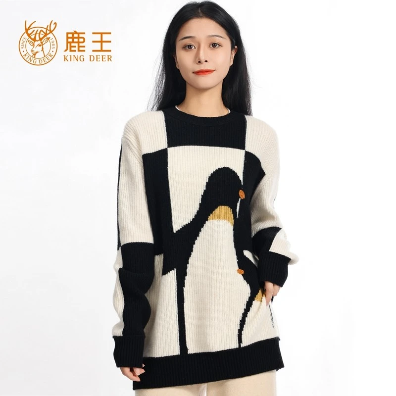 编号KD005鹿王女圆领100山羊绒时尚拼色重工元宝针针织套衫 加厚
