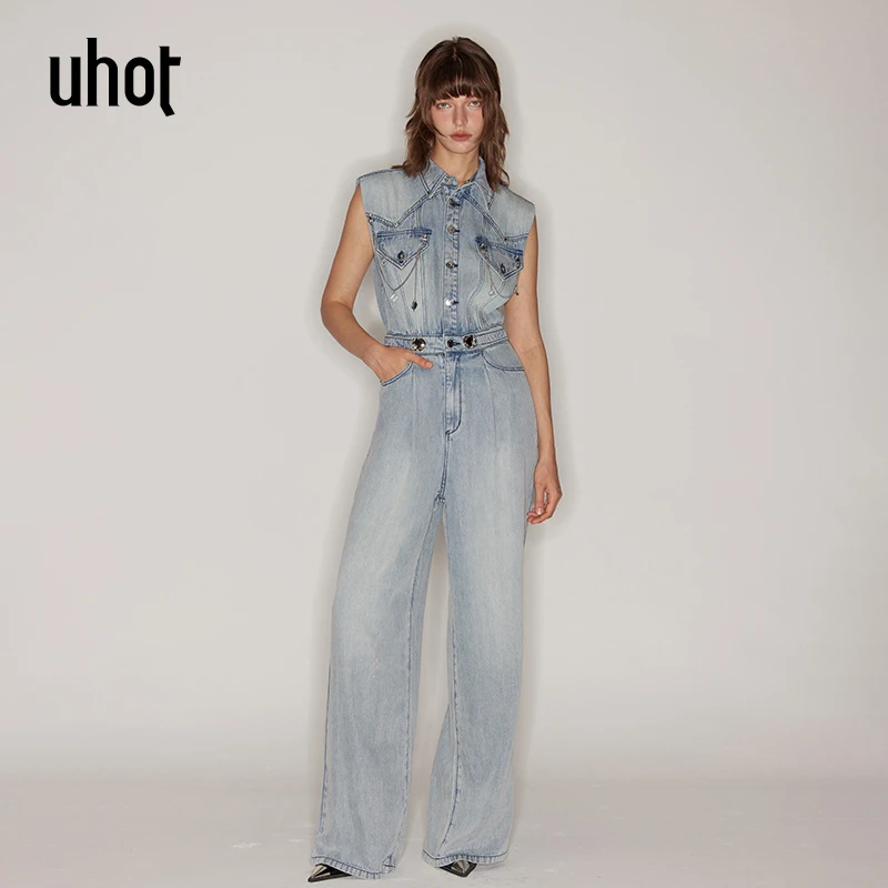 【袁咏琳同款】uhot/诱货蓝色无袖牛仔连体裤女遮肉减龄UWFR2L163