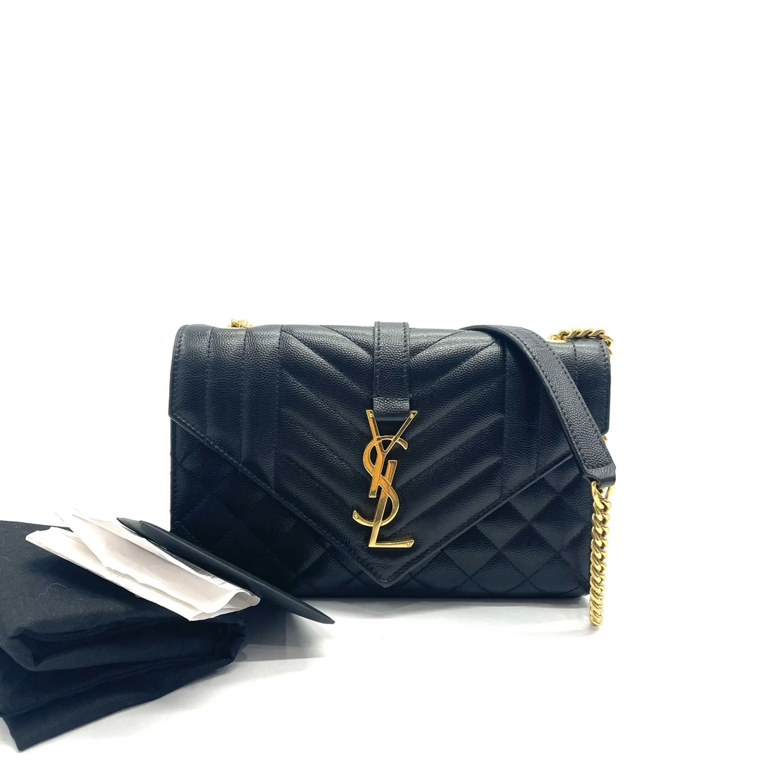 95新 YSL/圣罗兰 98新  ENVELOPE 黑金粒面牛皮信封包