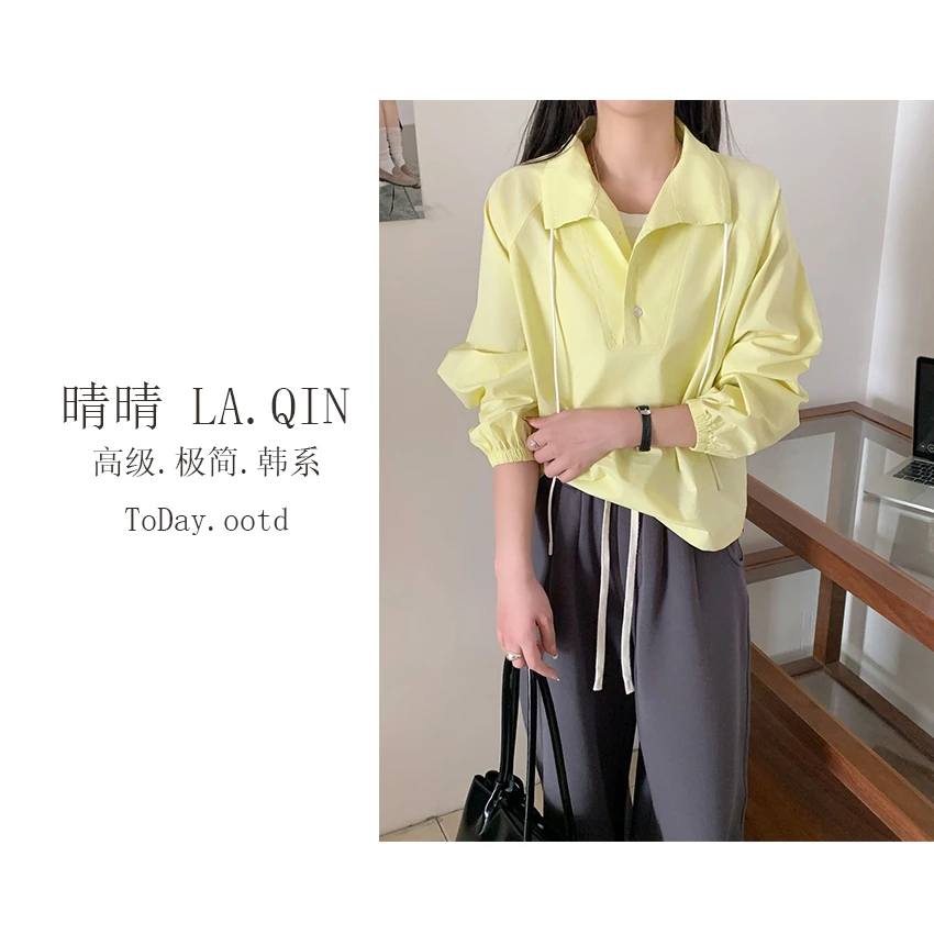 晴晴家-【热度持续】早春休闲通勤百搭抽绳翻领半扣纯色衬衫1732
