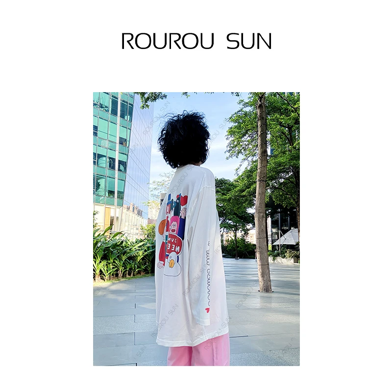 23558时尚卡通印花长袖T恤女宽松百搭圆领上衣