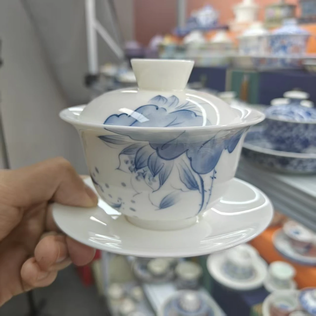 青花釉下彩手绘荷花悬停旋转三才盖碗功夫茶具家用泡茶碗0920