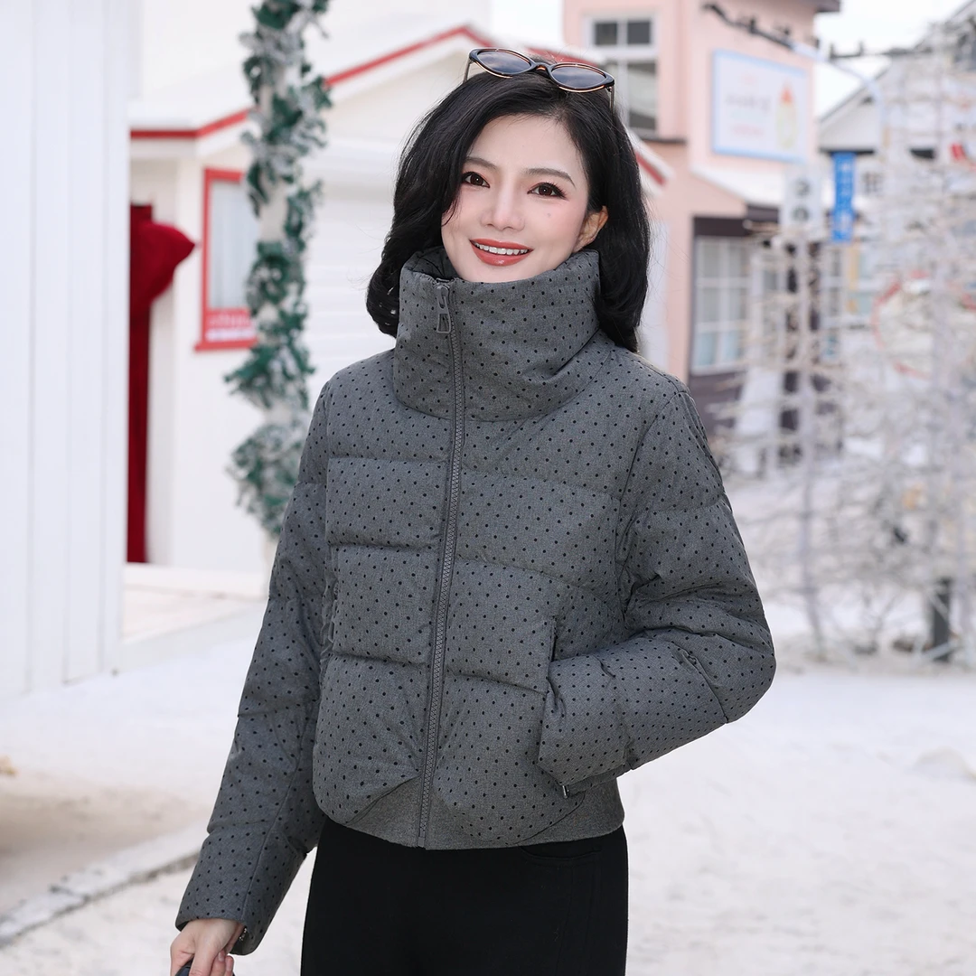 枫竺阿楠anan90白鹅绒立领波点加厚鹅绒服女冬季保暖通勤鹅绒外套