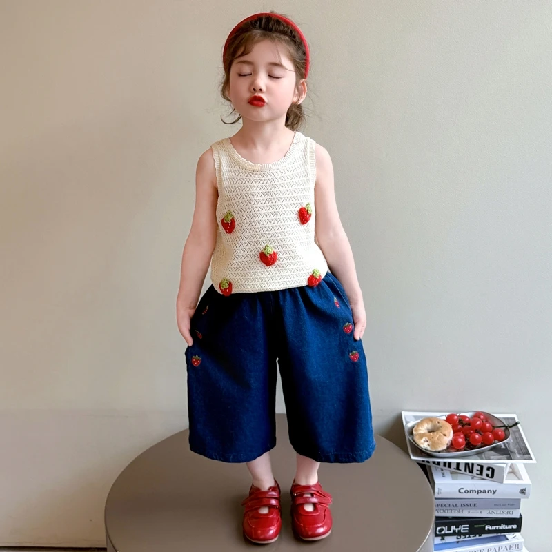 女童夏装套装2025夏季新款儿童韩版草莓空背心牛仔裤两件套